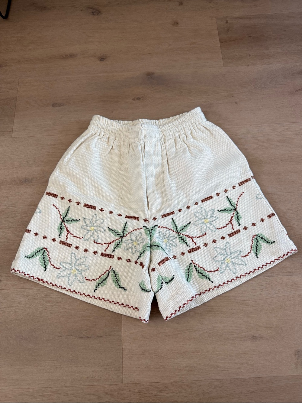 Bode Embroidered Cream Floral Shorts